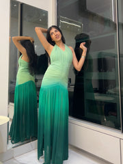 Green Mesh Lycra Flared Gown