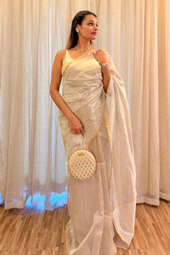 Ivory Chanderi Tissue Silk Saree with Golden Zari Bootis & Classic Zari Border