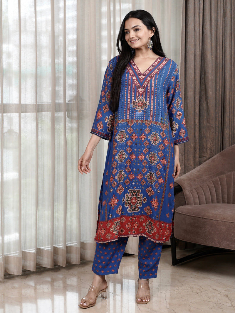 Blue Pure Cotton Rayon Kurta Set