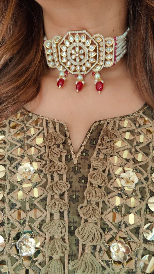 Ethnic Embroidered Maroon Long Yoke Sharara Set