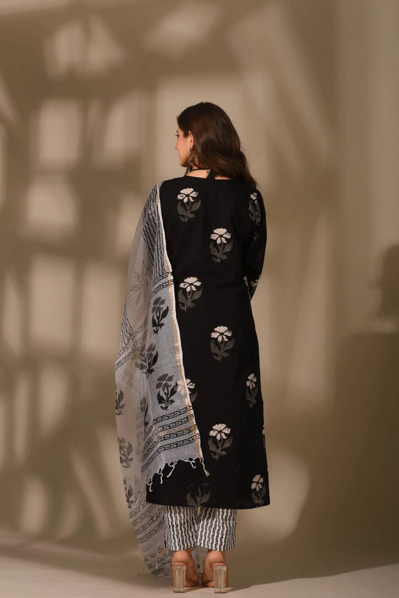 Elegant Black Handblock Cotton Suit Set