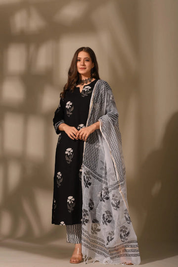 Elegant Black Handblock Cotton Suit Set