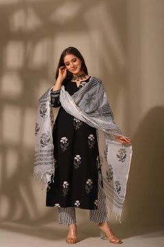 Elegant Black Handblock Cotton Suit Set