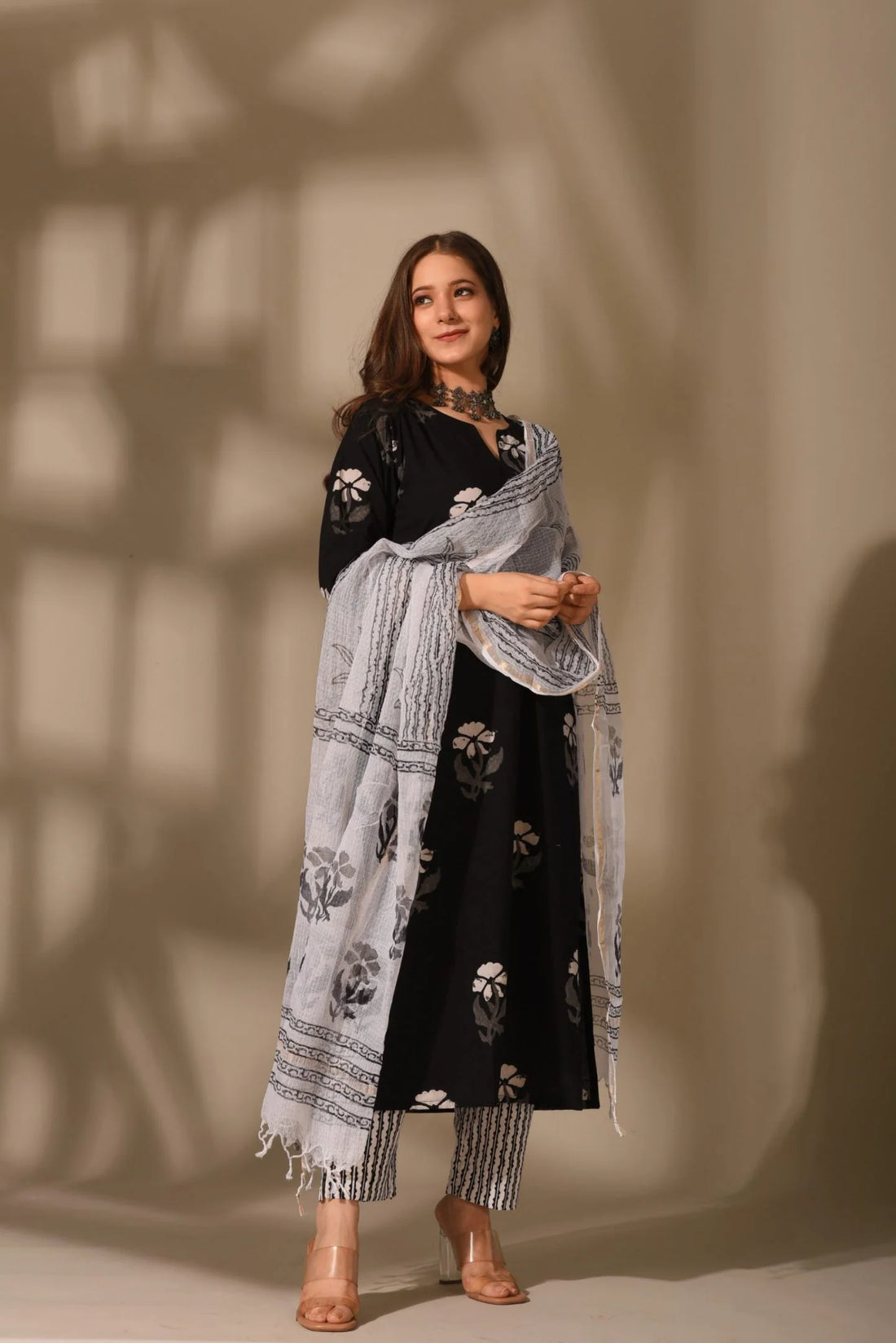 Elegant Black Handblock Cotton Suit Set