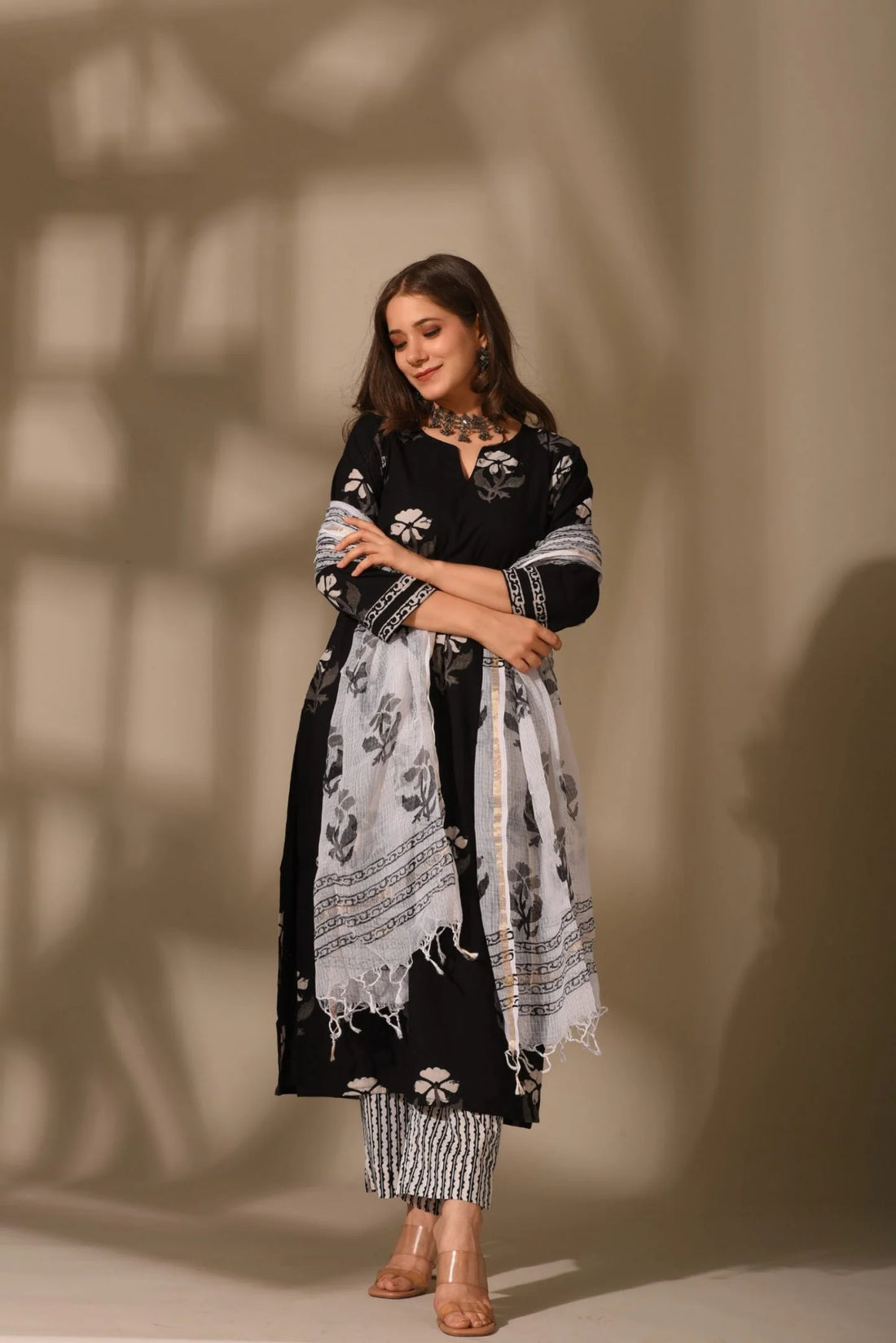 Elegant Black Handblock Cotton Suit Set