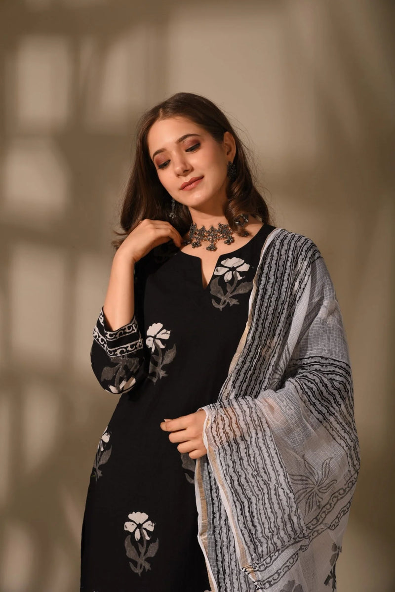 Elegant Black Handblock Cotton Suit Set