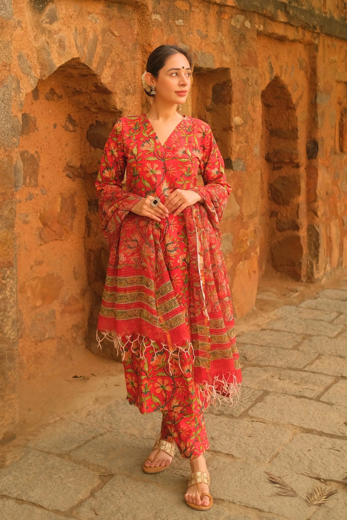 Vibrant Red Kalamkari Cotton Suit Set