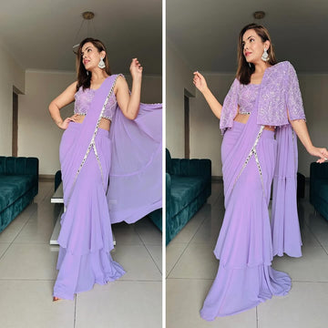 Lavender  Chiffon Sequence Worked Designer Saree With Jacket