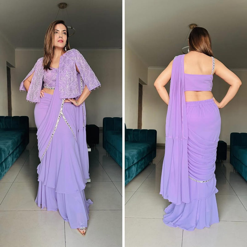 Lavender  Chiffon Sequence Worked Designer Saree With Jacket