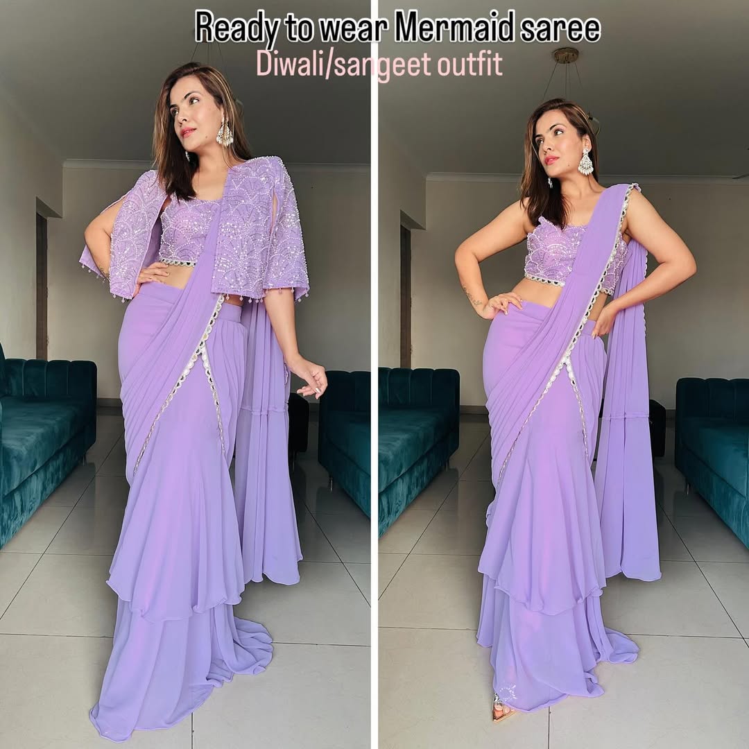 Lavender  Chiffon Sequence Worked Designer Saree With Jacket