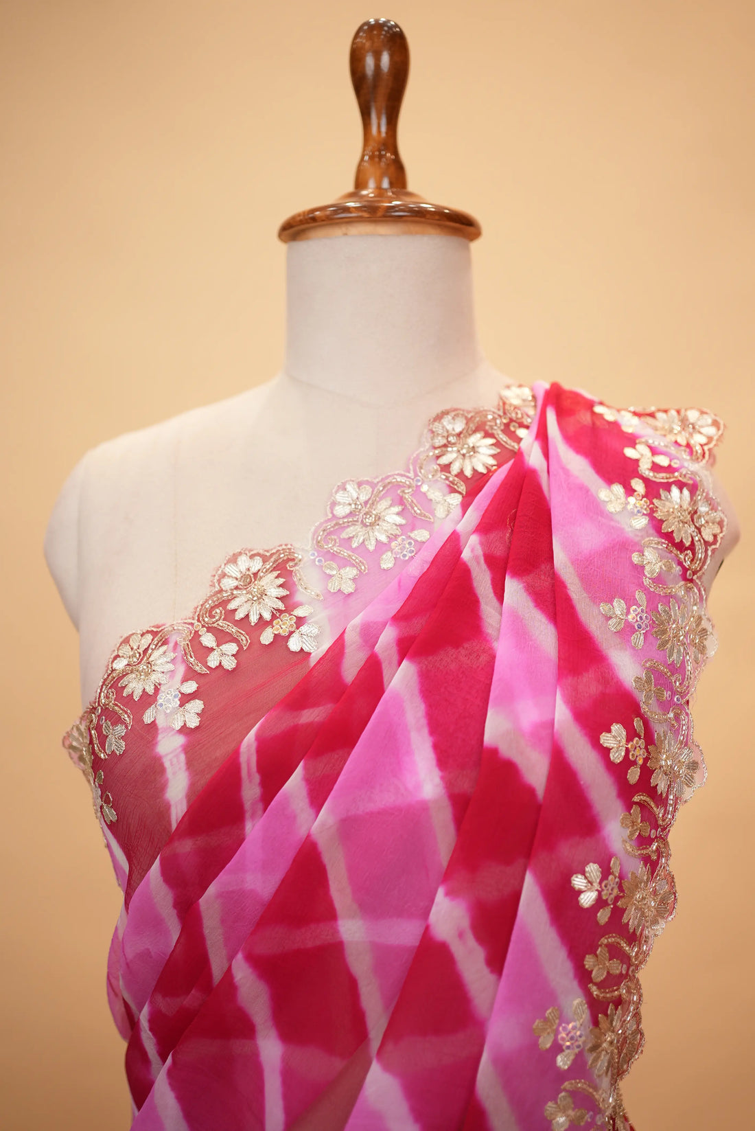 Azure Blue Pure Chiffon Leheriya Saree with Floral Embroidery & Sequin Handwork