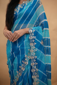 Azure Blue Pure Chiffon Leheriya Saree with Floral Embroidery & Sequin Handwork