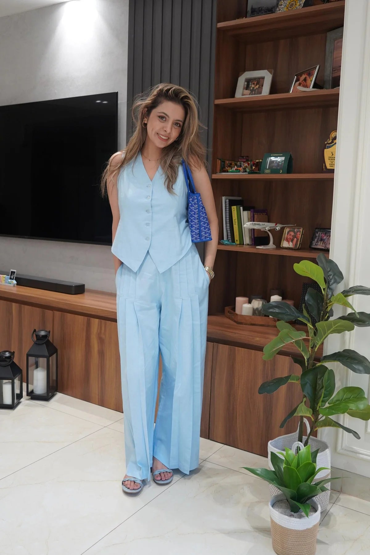 Bright Blue Linen Waistcoat Pants Set