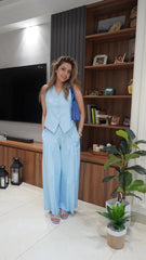 Bright Blue Linen Waistcoat Pants Set