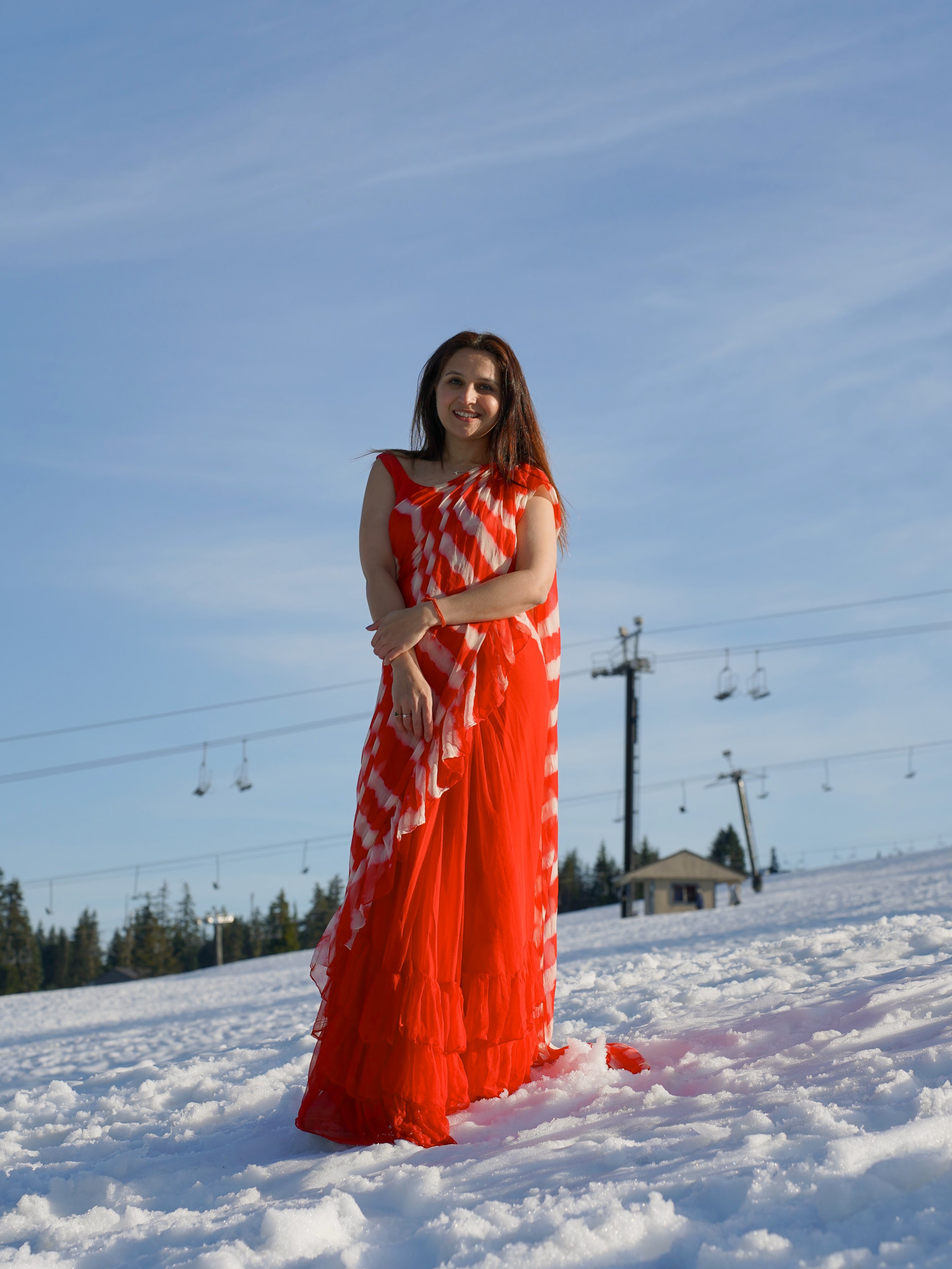 Red & Cream Ruffle Stitched Leheriya Chiffon Saree