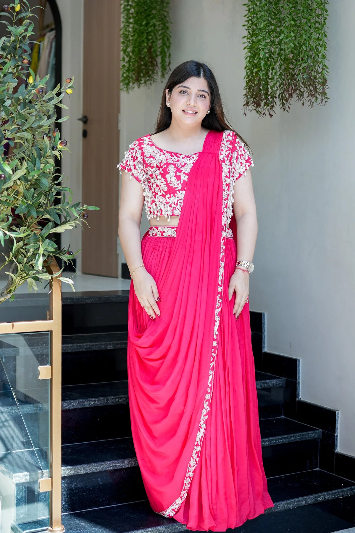 Adah Georgette Embroidered Drape Saree with Blouse