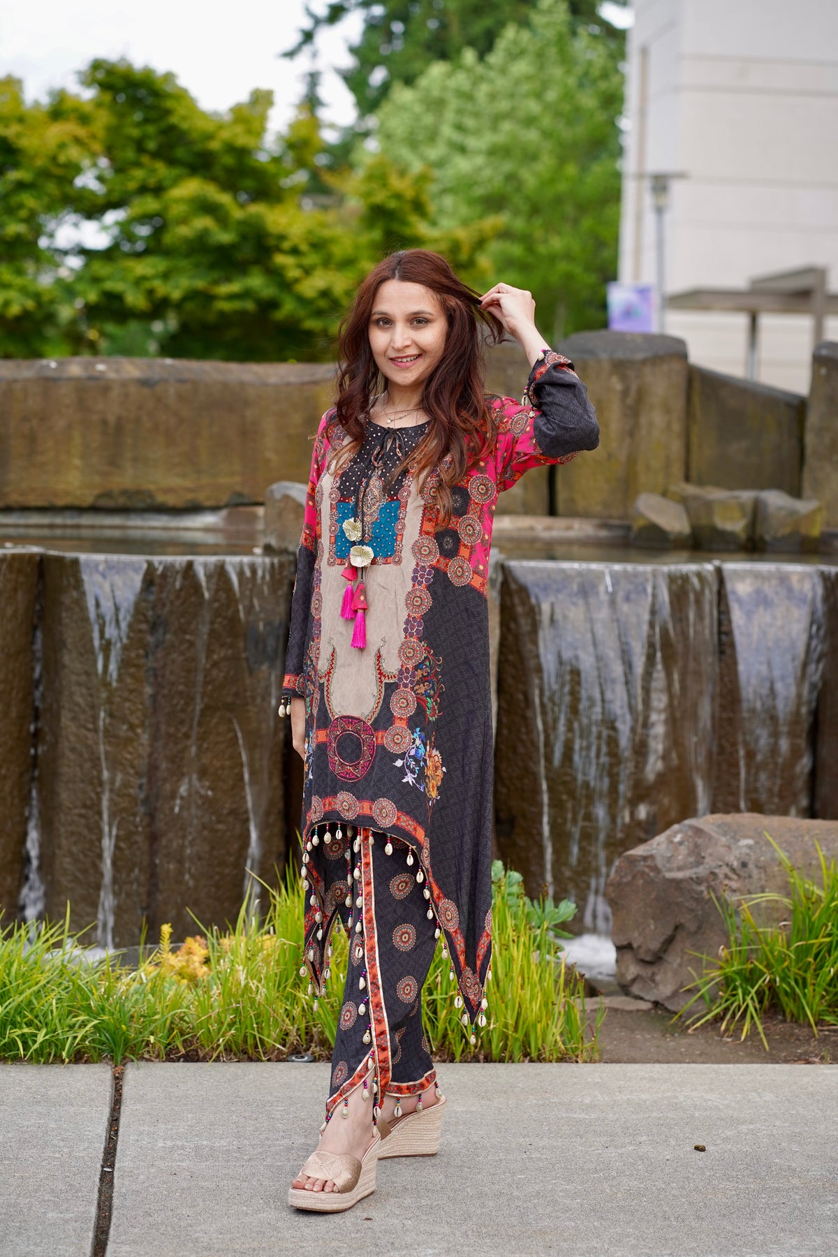 Crepe Shell Black Pink Kurta Dhoti