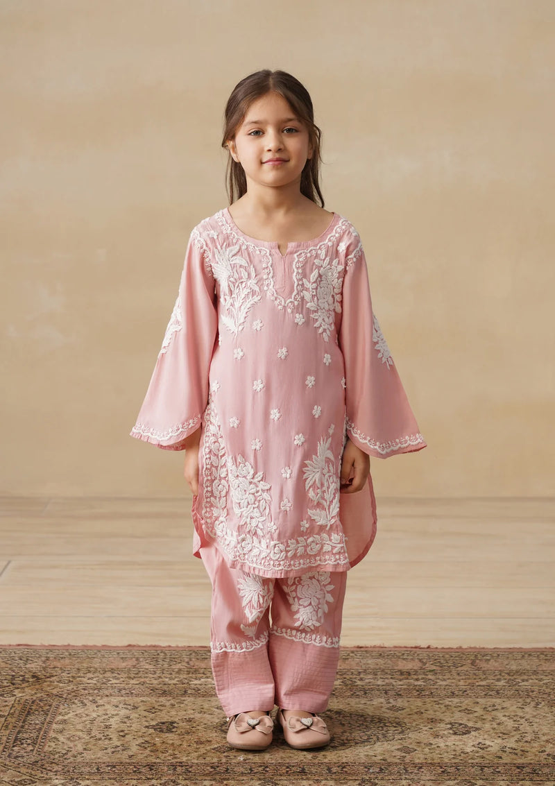 Chikankari Solid Girls 2 PC Long Kurta Set - Dust pink Kidswear Set