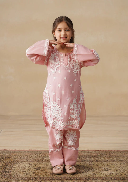 Chikankari Solid Girls 2 PC Long Kurta Set - Dust pink Kidswear Set