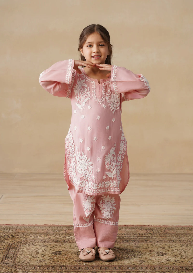 Chikankari Solid Girls 2 PC Long Kurta Set - Dust pink Kidswear Set