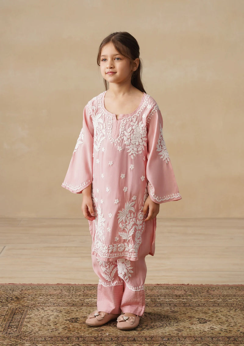 Chikankari Solid Girls 2 PC Long Kurta Set - Dust pink Kidswear Set
