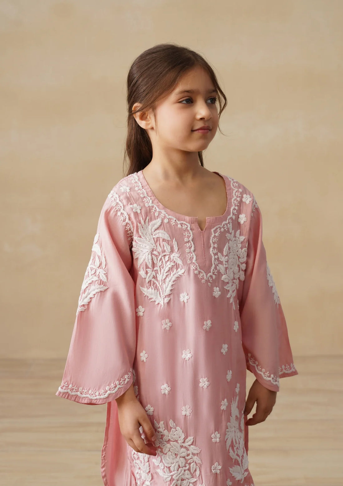 Chikankari Solid Girls 2 PC Long Kurta Set - Dust pink Kidswear Set