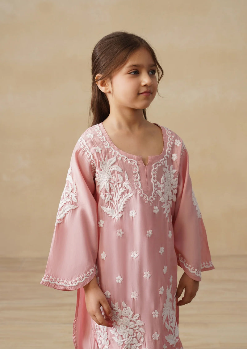 Chikankari Solid Girls 2 PC Long Kurta Set - Dust pink Kidswear Set