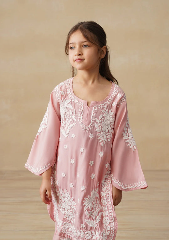 Chikankari Solid Girls 2 PC Long Kurta Set - Dust pink Kidswear Set