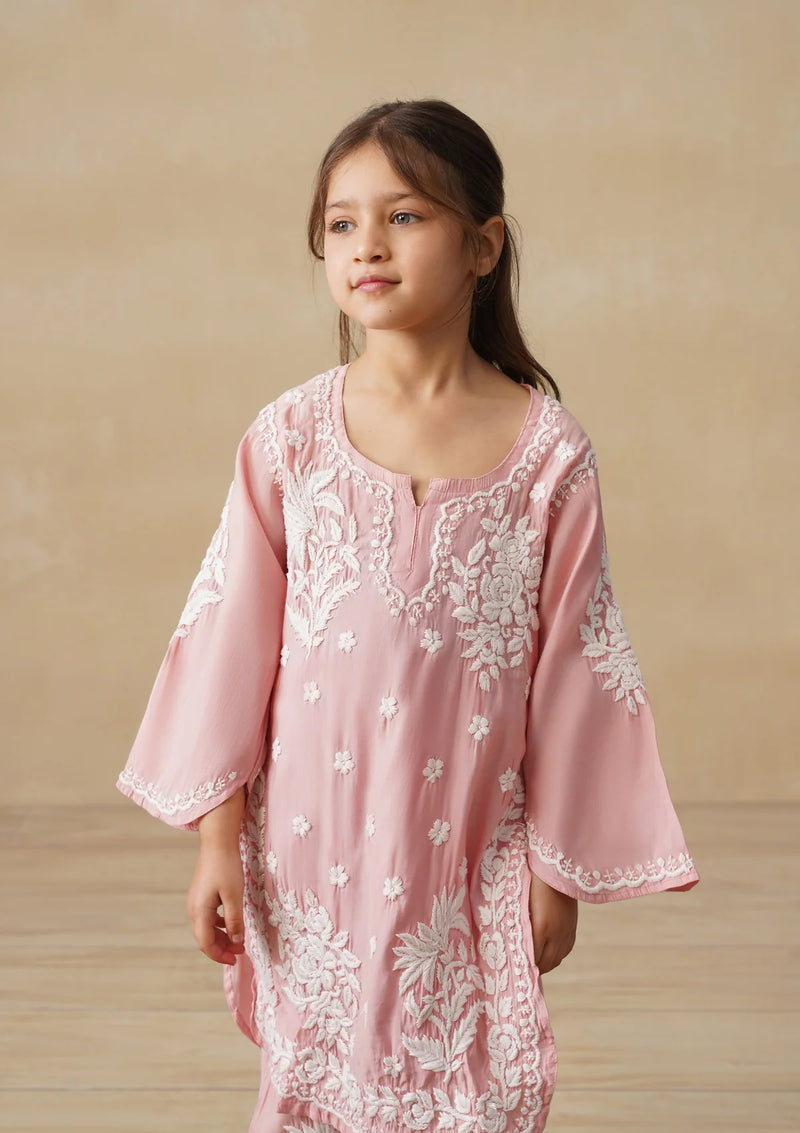 Chikankari Solid Girls 2 PC Long Kurta Set - Dust pink Kidswear Set