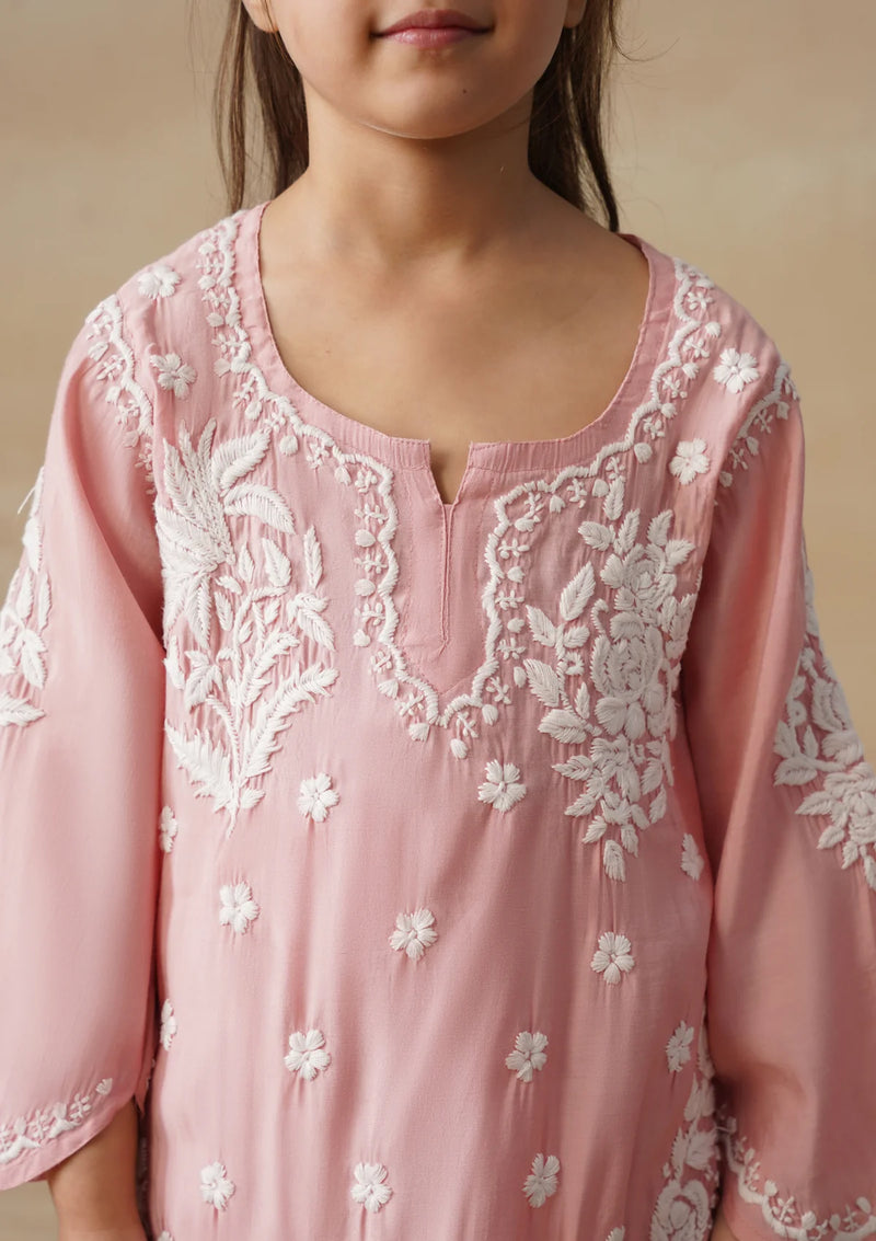 Chikankari Solid Girls 2 PC Long Kurta Set - Dust pink Kidswear Set