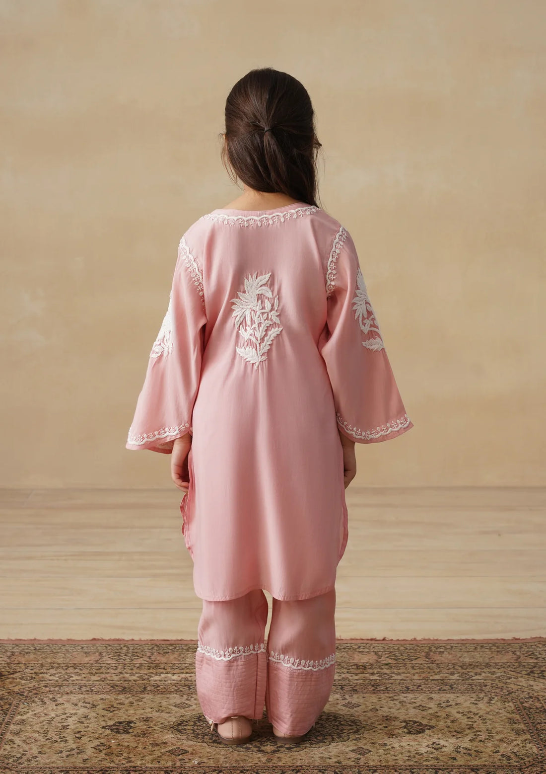 Chikankari Solid Girls 2 PC Long Kurta Set - Dust pink Kidswear Set