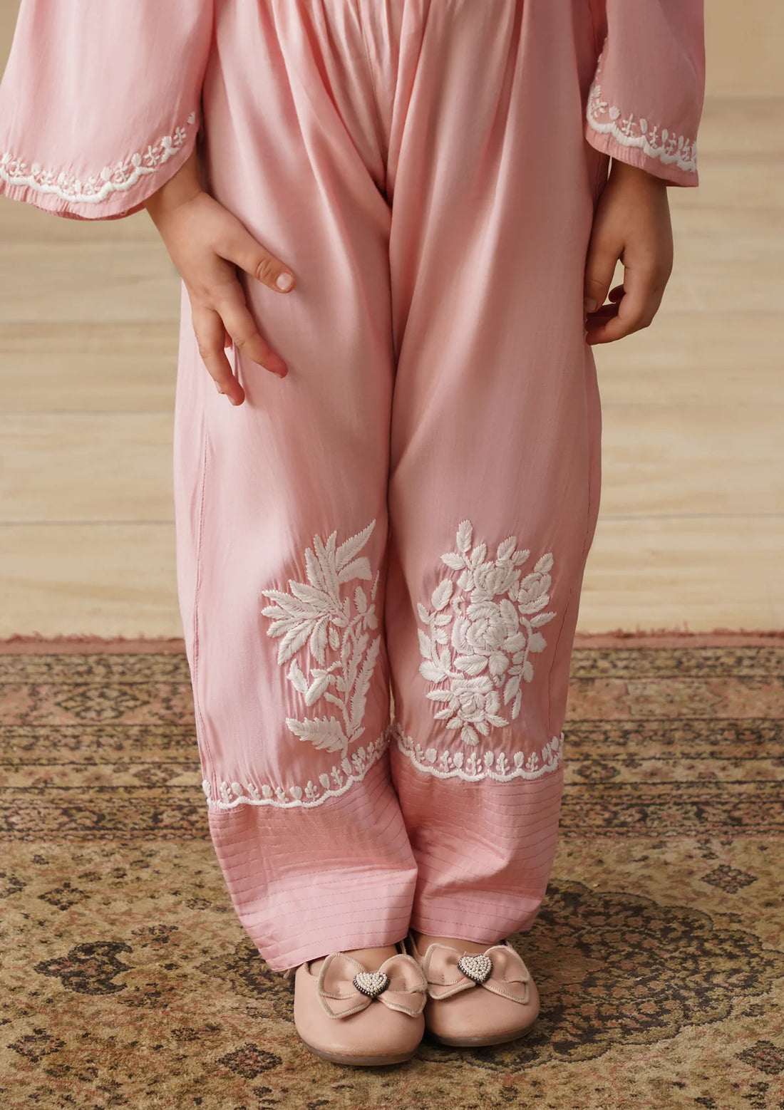 Chikankari Solid Girls 2 PC Long Kurta Set - Dust pink Kidswear Set