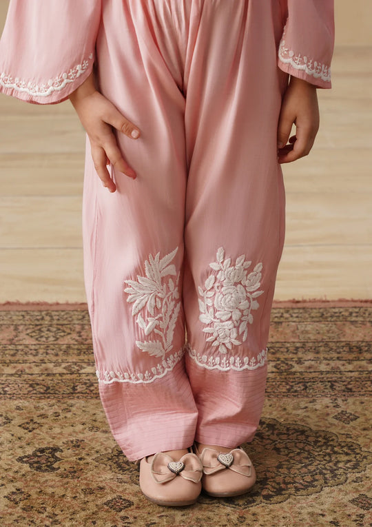 Chikankari Solid Girls 2 PC Long Kurta Set - Dust pink Kidswear Set