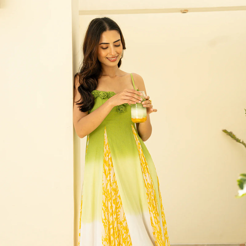 Chiffon Yellow Ceremonial Bloom Godet Dress