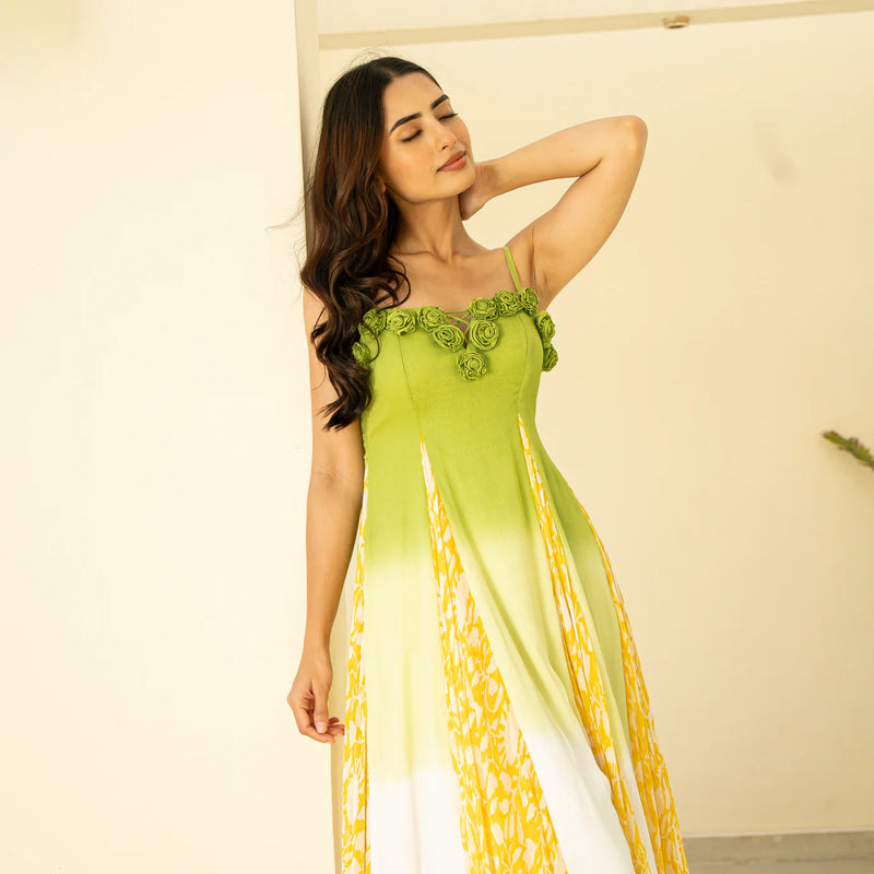 Chiffon Yellow Ceremonial Bloom Godet Dress