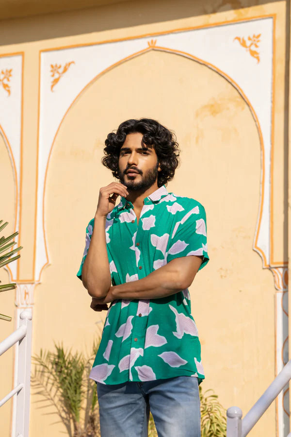 Green Cotton Printed Half Sleeve Shirt