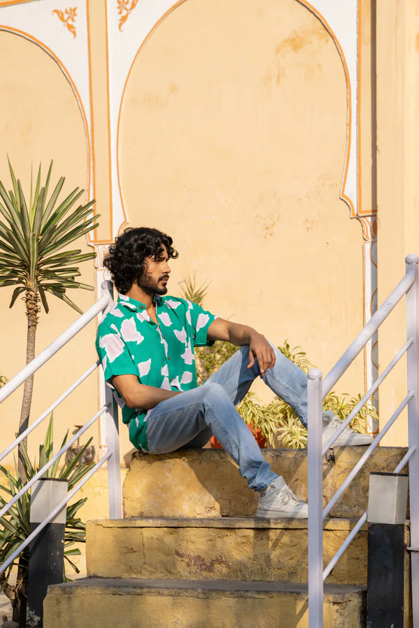 Green Cotton Printed Half Sleeve Shirt