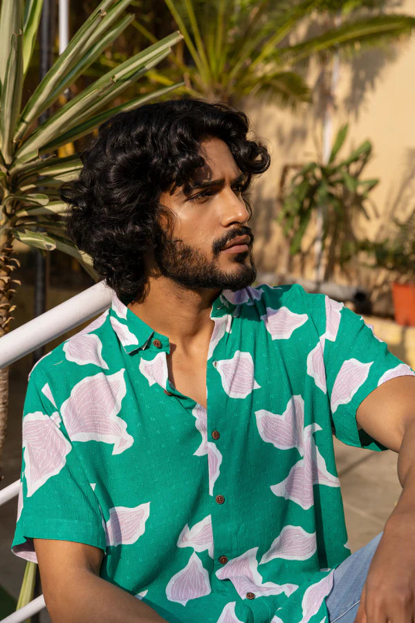 Green Cotton Printed Half Sleeve Shirt