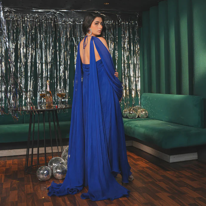 Blue Chinon Veiled Night Long Blue Dress