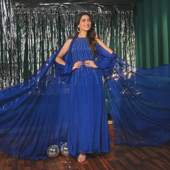Blue Chinon Veiled Night Long Blue Dress