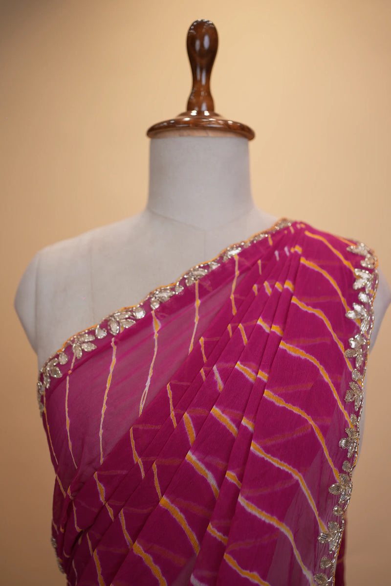 Ruby Leheriya Saree with Gota Patti Handwork