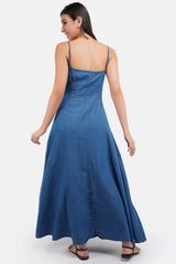 Blue Cotton Blend Denim Button Dress