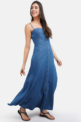 Blue Cotton Blend Denim Button Dress