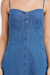 Blue Cotton Blend Denim Button Dress