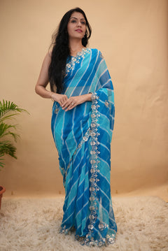 Azure Blue Pure Chiffon Leheriya Saree with Floral Embroidery & Sequin Handwork
