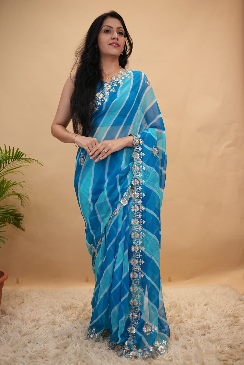 Azure Blue Pure Chiffon Leheriya Saree with Floral Embroidery & Sequin Handwork