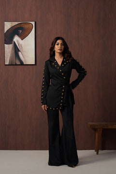 Black Studded Wrap Blazer with Wide-Leg Palazzo Co-Ord Set