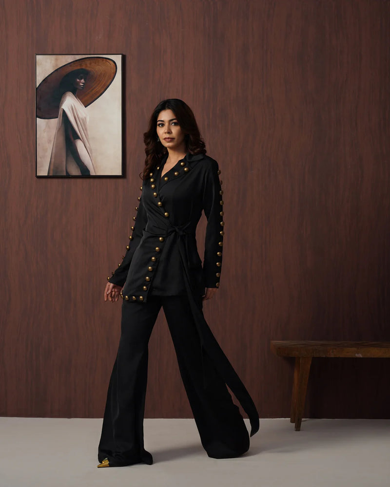 Black Studded Wrap Blazer with Wide-Leg Palazzo Co-Ord Set