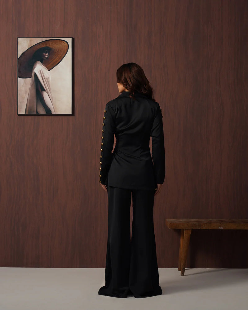 Black Studded Wrap Blazer with Wide-Leg Palazzo Co-Ord Set