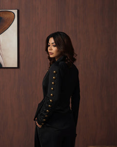 Black Studded Wrap Blazer with Wide-Leg Palazzo Co-Ord Set